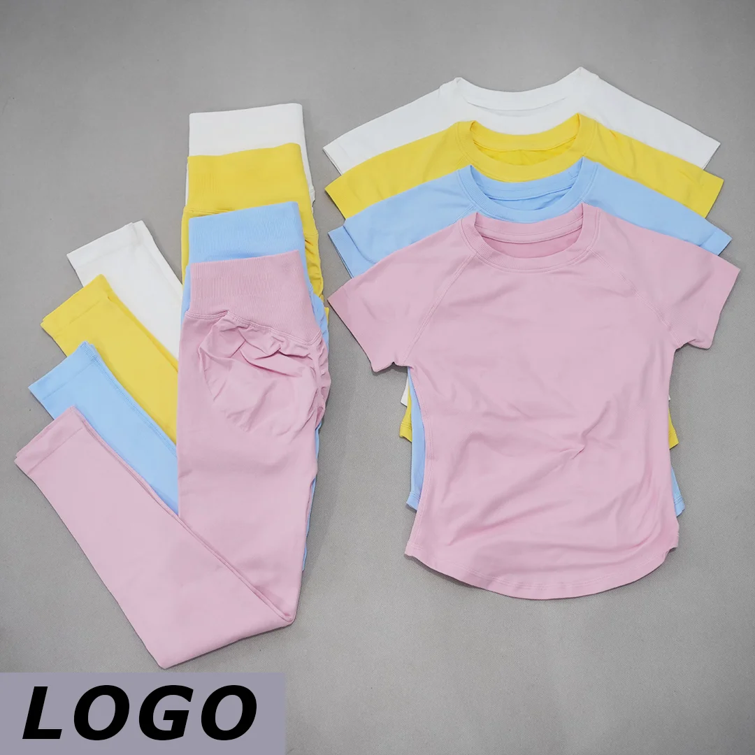 Conjunto de Yoga para Mujer DF de Dos Piezas, Top de Yoga de Manga Corta Sin Costuras, Pantalones Deportivos Adelgazantes, Traje Deportivo Transpirable para Gimnasio y Fitness