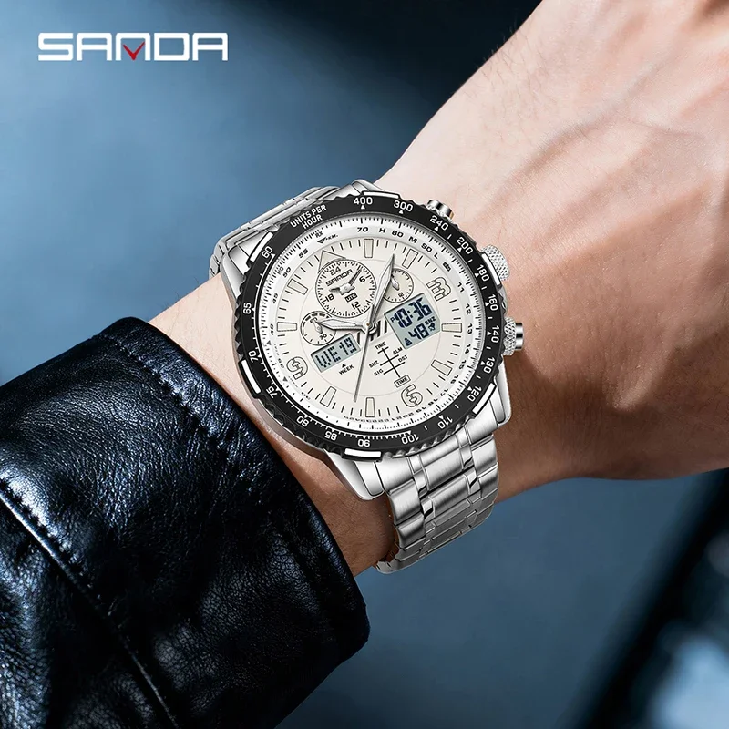 Relojes de cuarzo SANDA para hombre, nueva colección, diseño moderno, correa de acero inoxidable, fecha, cronógrafo multifuncional, resistente al agua 5 bar.