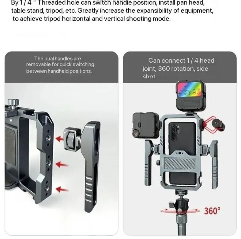 Leplight-Kit de jaula de vídeo para teléfono inteligente, aparejo de Metal con asas para iPhone y Android