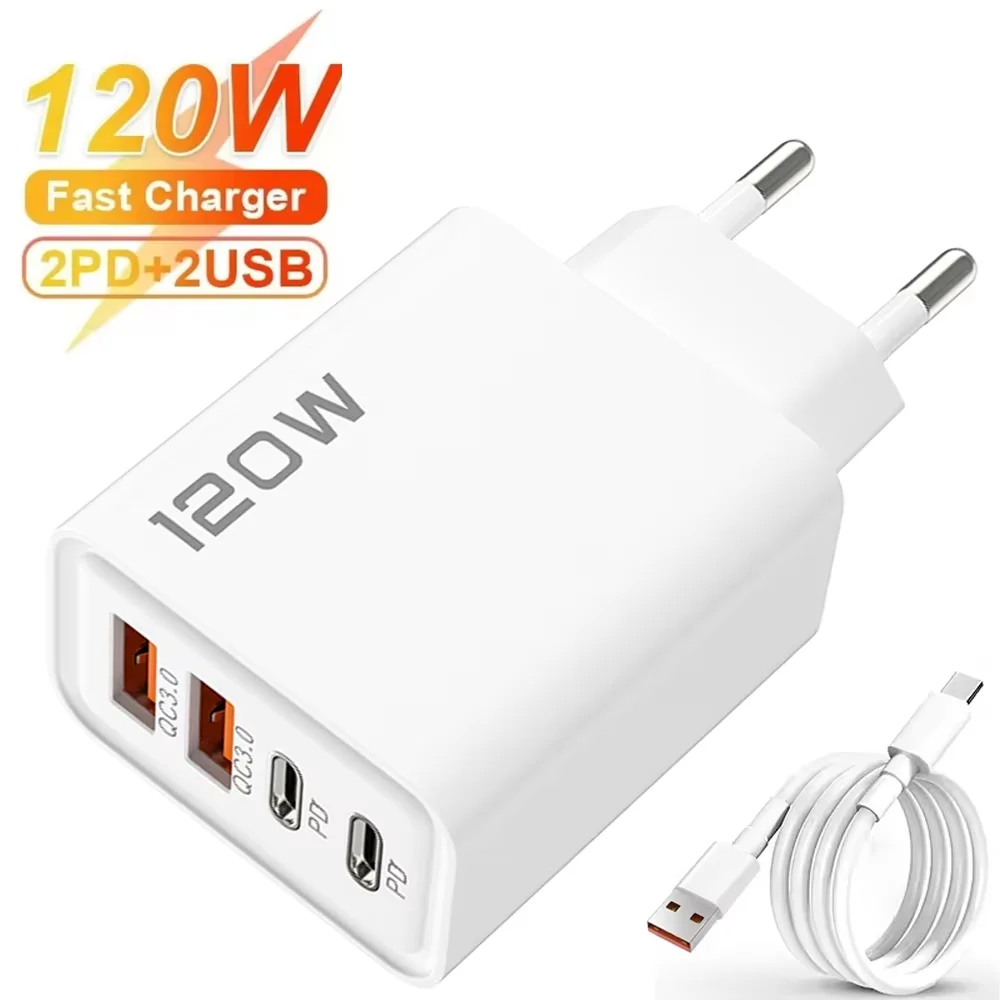 Estación de carga rápida USB C de 4 puertos y 120W, adaptador de pared PD QC3.0, cable de datos para iPhone, Samsung, Xiaomi, Huawei, enchufe EU, US, UK, para viajes