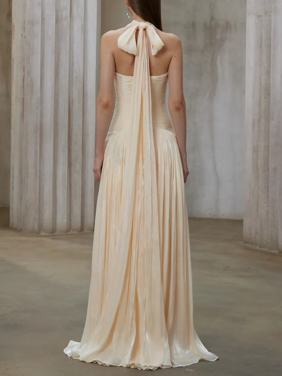 TWOTWINSTYLE, vestidos elegantes lisos adelgazantes con pliegues empalmados para mujer, vestido largo de cintura alta sin mangas con cuello Halter, ropa femenina nueva