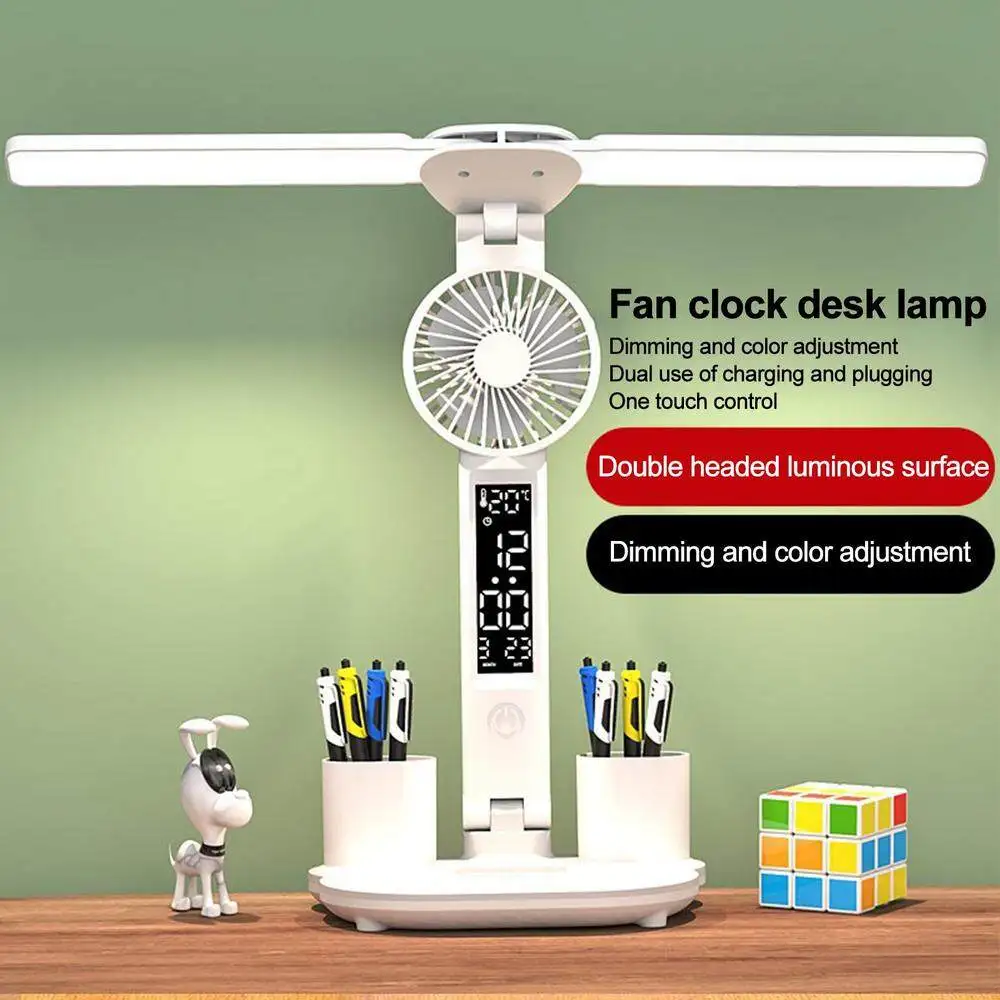Lámpara de mesa recargable para estudio, lámpara de escritorio, luz de lectura, luz de mesa Led con ventilador, lámpara de lectura de pantalla de reloj Led