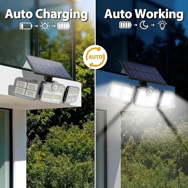 Paquete de 1 lámpara con sensor de movimiento para exteriores, luz de energía solar de 4 cabezales, luz solar de 122 LED, luces de inundación, 3000 lúmenes, 270 °   Gama de iluminación