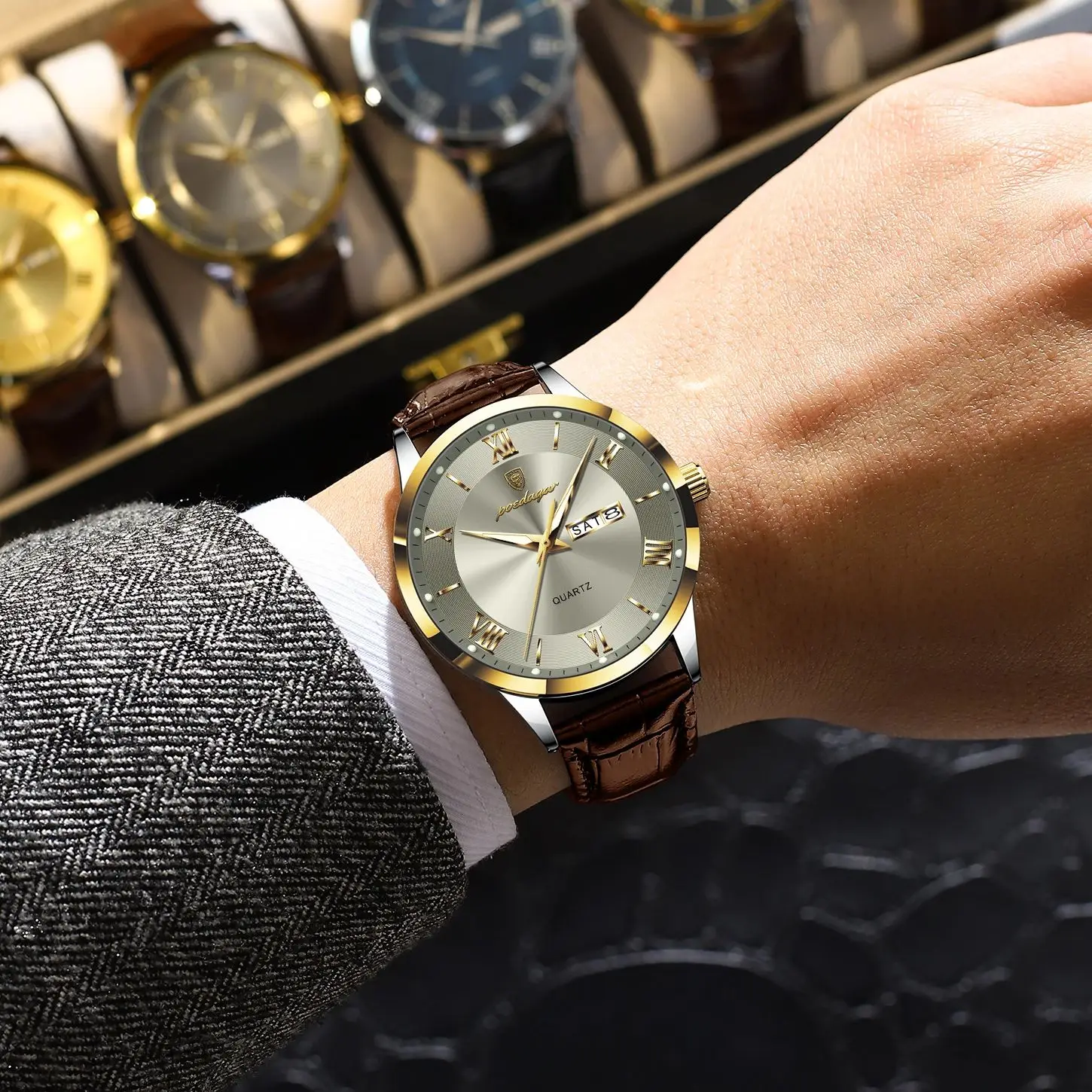 Reloj POEDAGAR Original de moda para hombre, Reloj de cuero con fecha y semana de cuarzo para hombre, relojes luminosos impermeables de negocios para hombre, Reloj masculino