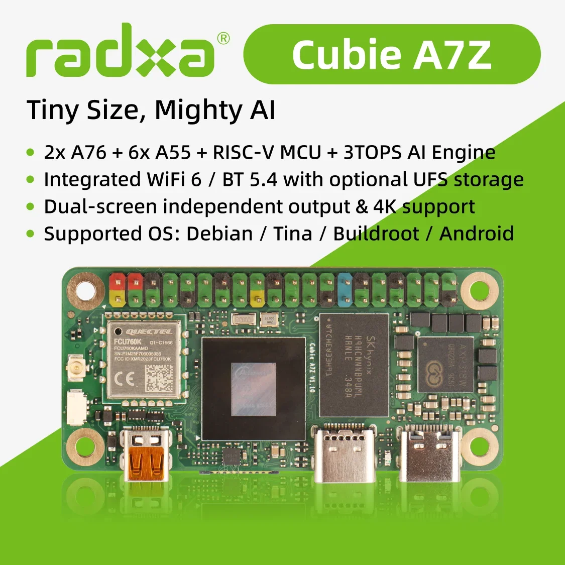 BoMaSRadxa Cubie A7Z, SoC Allwinner con CPU de Ocho Núcleos, Pantalla Dual y Coprocesador RISC-V, Computadora de Placa Única