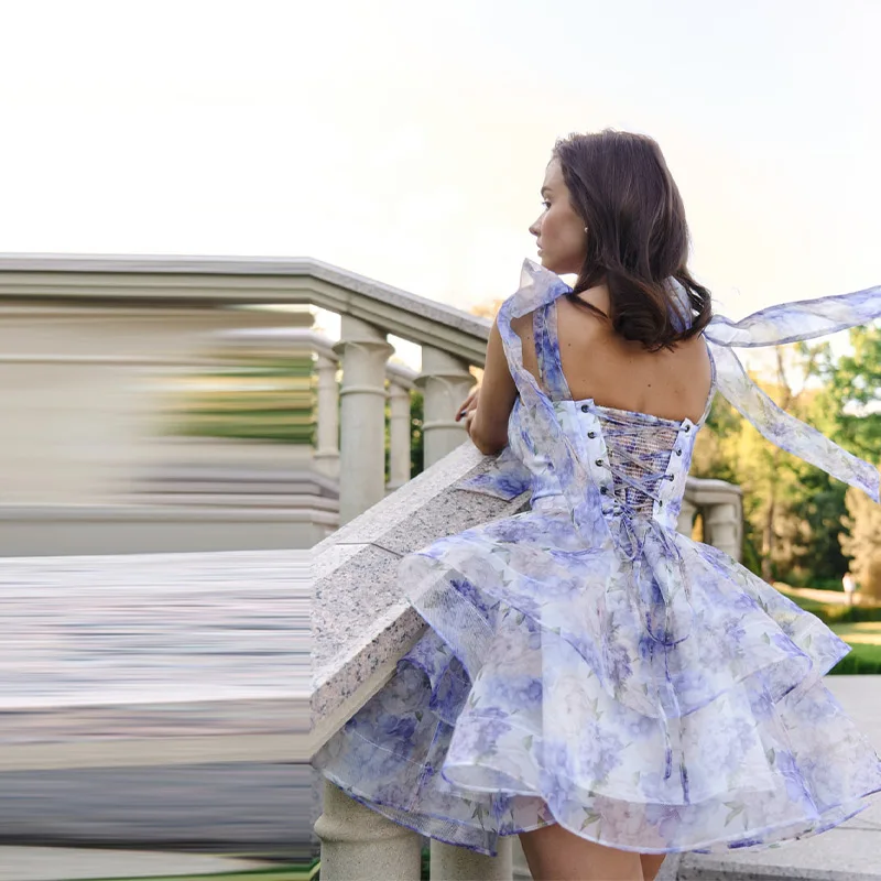 Minivestido Halter estampado elegante, Vestidos de fiesta con cordones de malla y cuello en V, batas de fiesta de cintura alta, Vestidos de princesa dulces para mujer