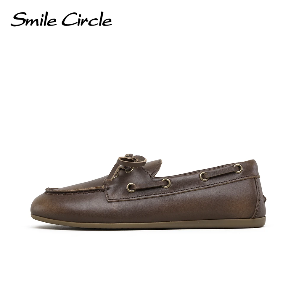 Zapatos náuticos Smile Circle, mocasines de cuero genuino para mujer, mocasines, zapatos planos con cordones