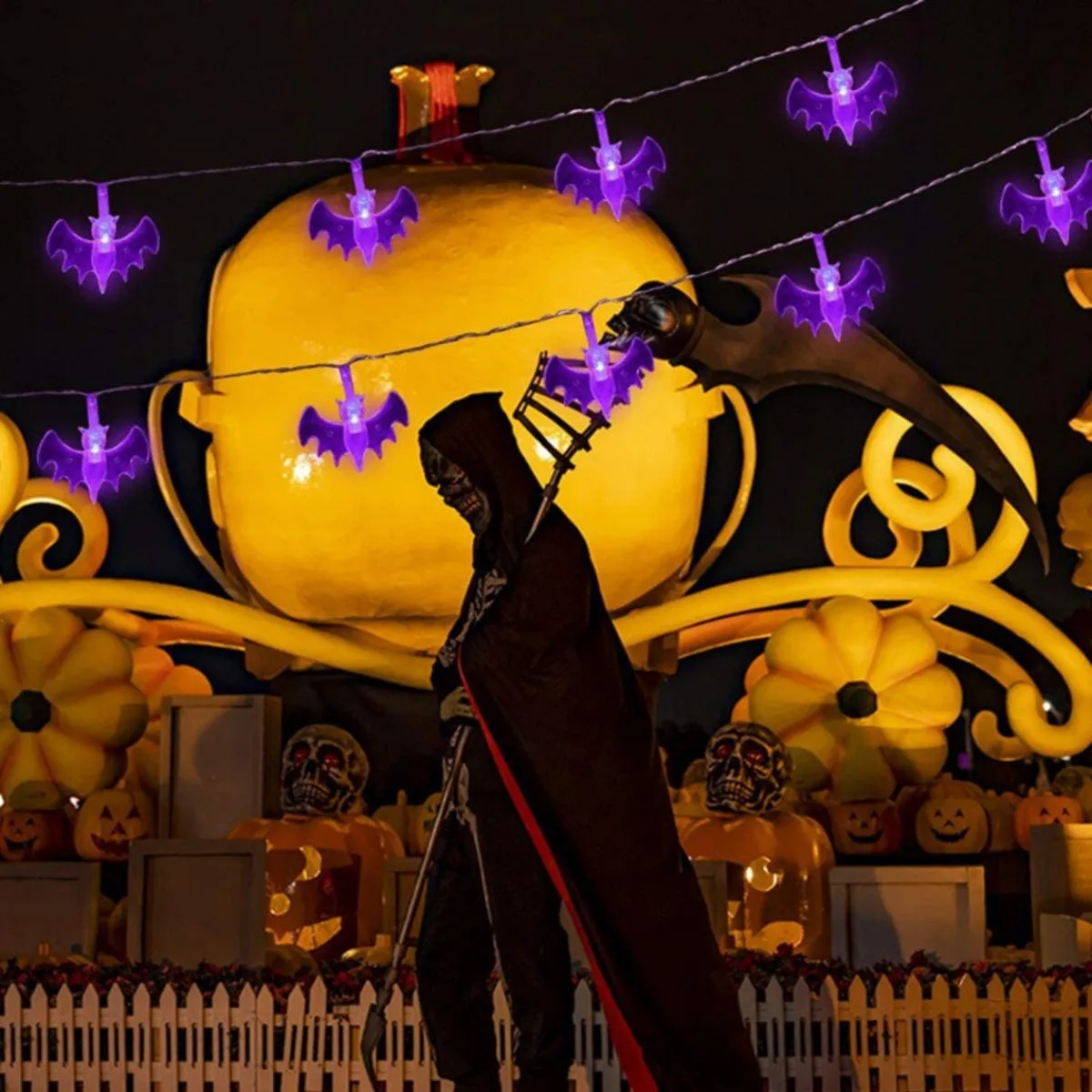 Guirnalda de luces LED de murciélago púrpura, funciona con pilas, lámpara decorativa colgante impermeable para exteriores, adecuada para decoración de fiesta, 10/20/30 Uds.