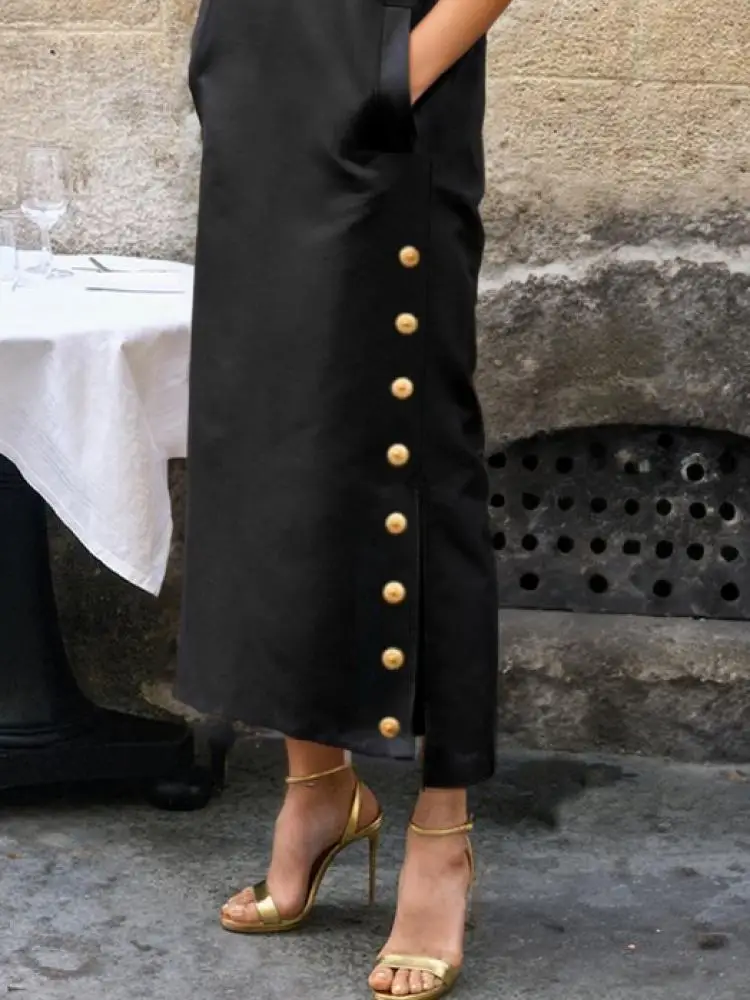 Vestido de Noche Yeezzi para Mujer, con Botones Laterales, Cuello Alto, Sin Mangas, Color Sólido, Corte en H, Estilo Casual, Nuevo 2026