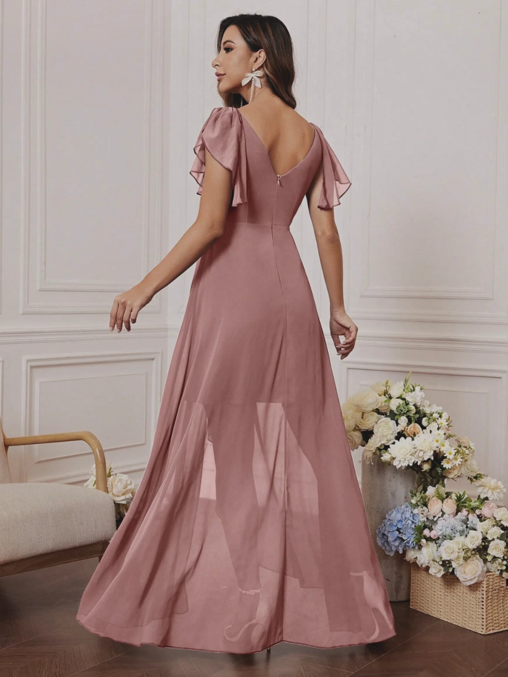 Vestido de gasa con escote en V, mangas con forma de hoja de loto, cintura alta, plisado, falda fluida, vestido para damas de honor, vestido largo de noche de estilo francés.