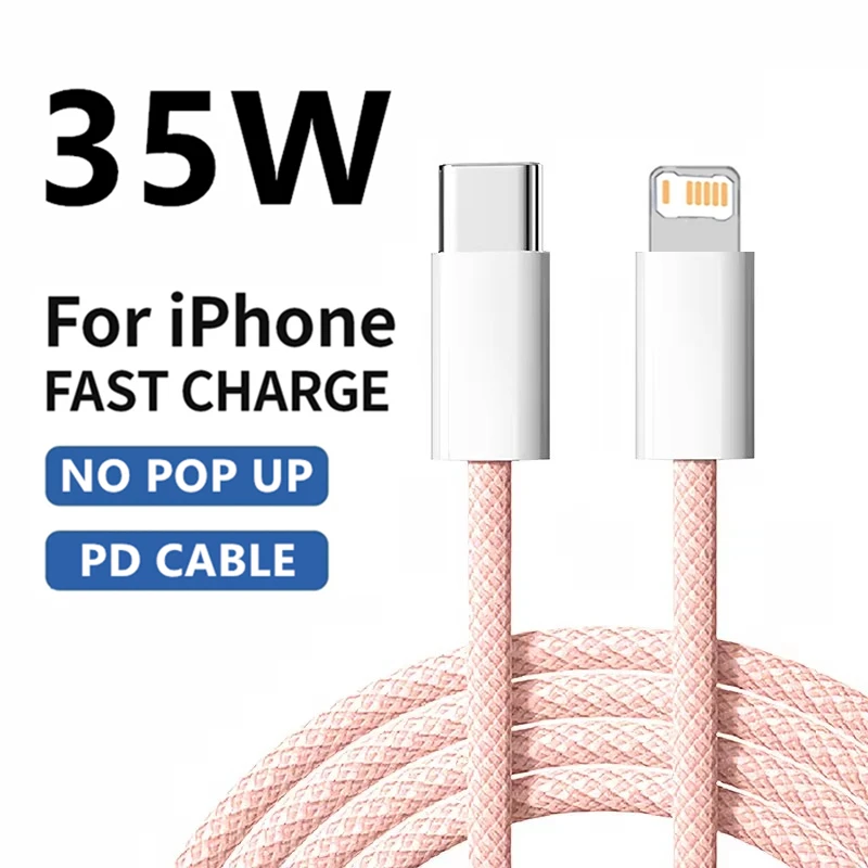 Cable PD de carga rápida trenzado de 35W para iPhone 13 14 Pro Max 11 12 mini X XR XS Max 7 8 Plus Cables de datos USB-C de carga rápida 1m 2m