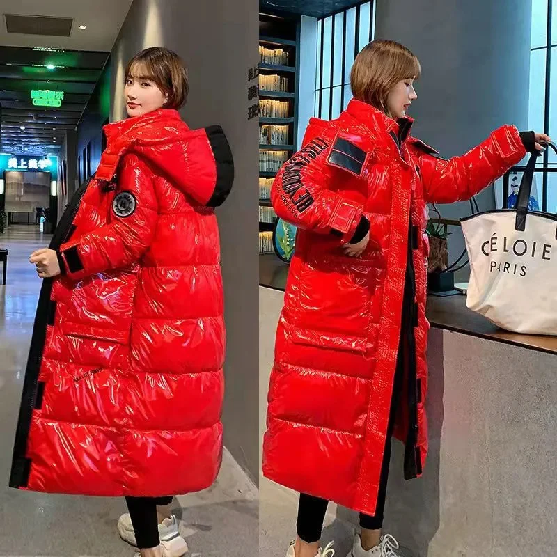 Abrigo Largo Casual con Capucha para Mujer, Negro Brillante, Estilo Parker, Cálido, Grueso, de Algodón con Relleno de Plumón, Resistente al Viento y a la Lluvia, para Invierno