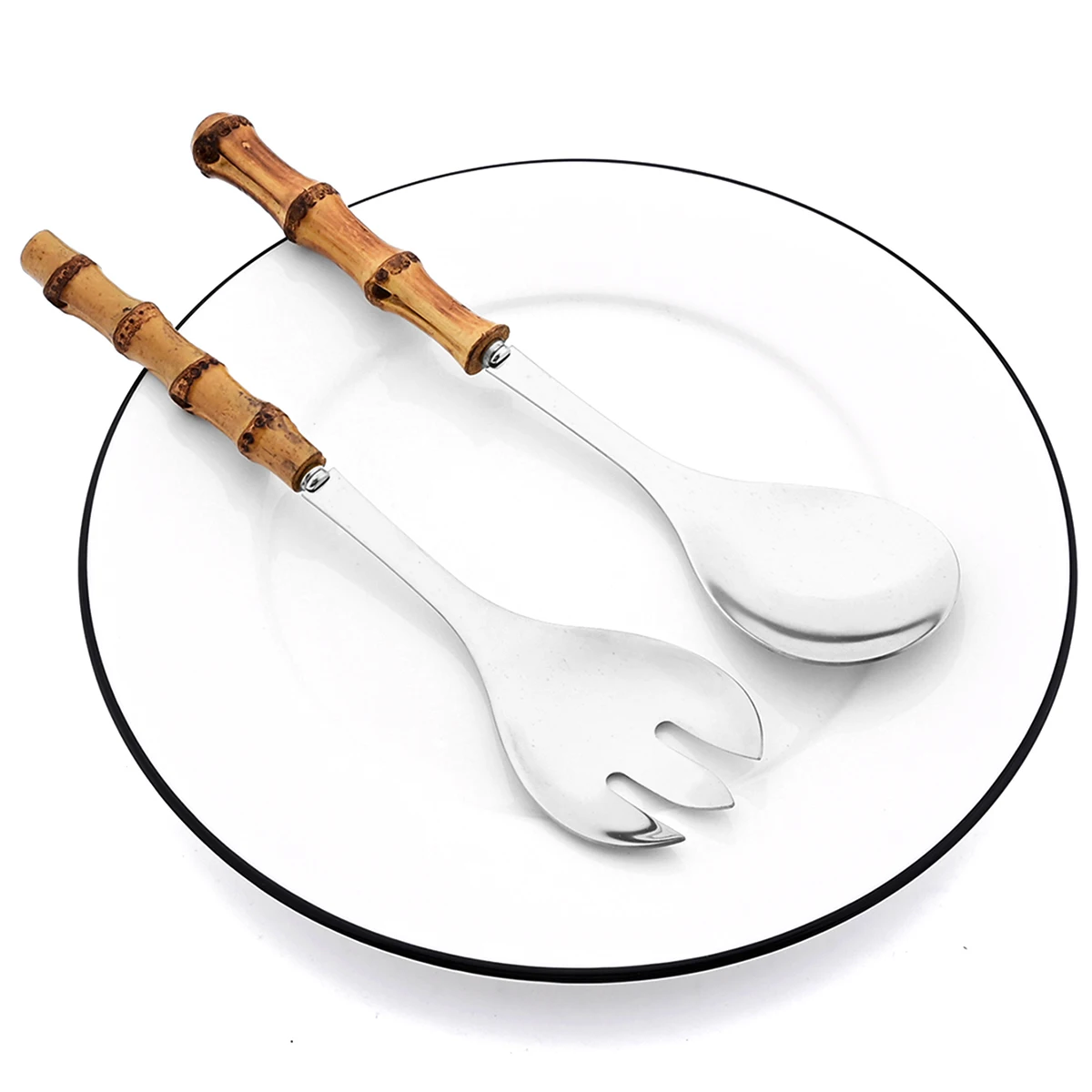 Cuchara para servir con mango largo, tenedor, mango de madera de bambú, tenedor para ensalada, vajilla de cocina de acero inoxidable, juego de cubiertos, 2/4 Uds.