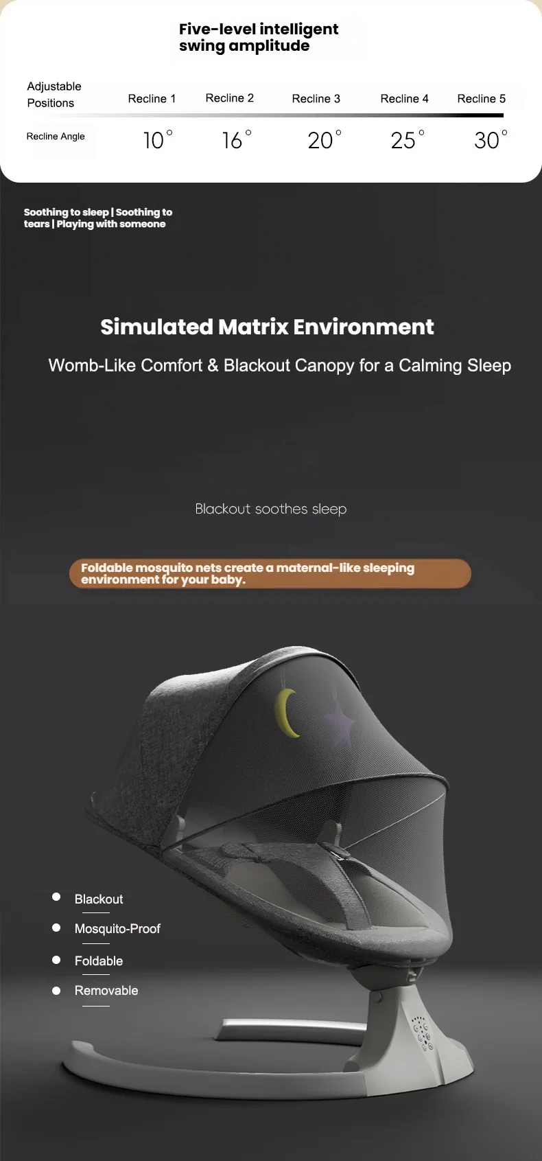 Silla Mecedora Eléctrica para Bebés, Cuna Inteligente para Dormir, Columpio Automático para Recién Nacidos, Hamaca para Bebés con Música Bluetooth, Control de 5 Amplitudes, Mosquitero Extraíble, Toldo Oscurecedor, Control Remoto, Cuna de Dormir Junto a la Cama, Silla de Juego para Niños Pequeños