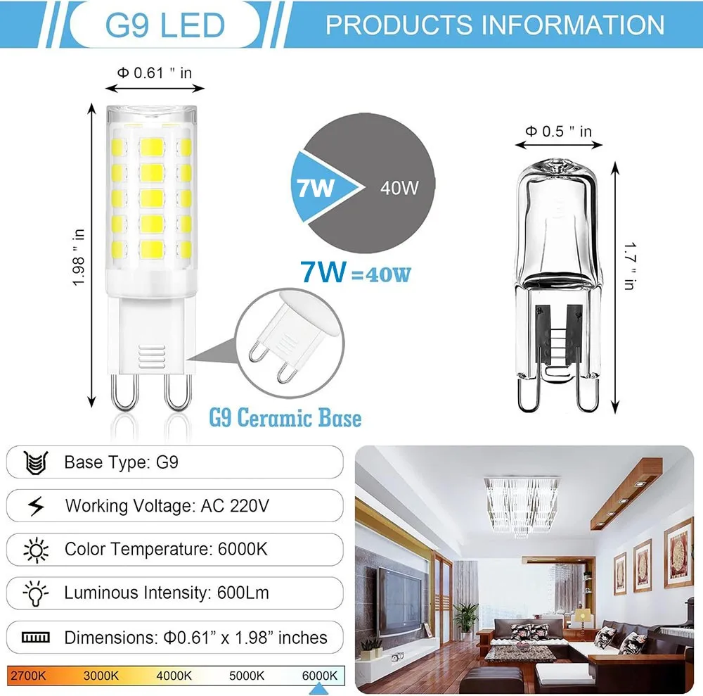 Paquete de 10 Lámparas LED G9, 220V CA, 7W, Cerámica, SMD2835, Luz Blanca Cálida/Fría, Reemplazo de Halógeno, Venta al Por Mayor