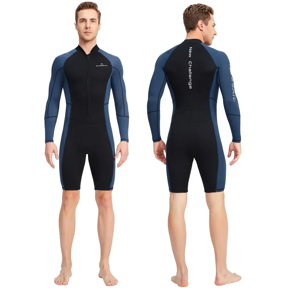 Traje de neopreno corto de 1,5mm para hombre, traje de buceo de manga larga de Lycra con cremallera frontal a prueba de rayos UV para snorkel subacuático, natación y surf