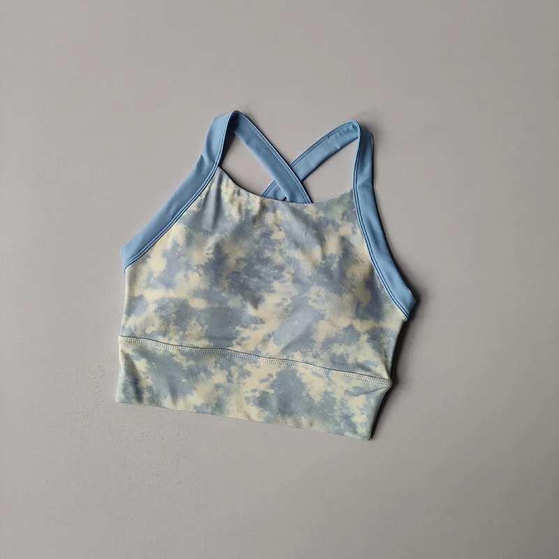 Nueva lencería de Yoga de alta gama para mujer, ropa interior de una pieza con copa fija a prueba de golpes, sujetador con tirantes anchos estampados sexis