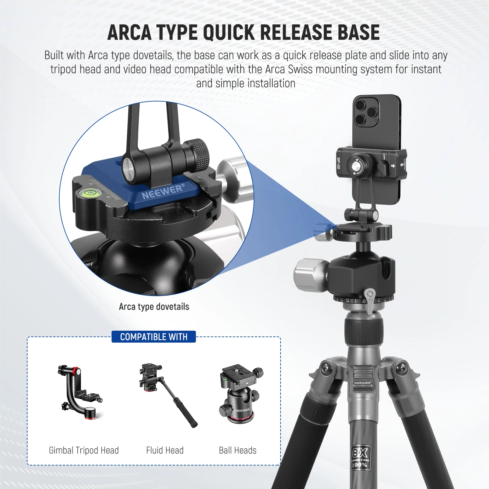 NEEWER Adaptador de montaje en trípode para teléfono de metal con base Arca QR, zapata fría, 360 °   Giratorio 180 °   Inclinación, soporte para teléfono compatible con iPhone