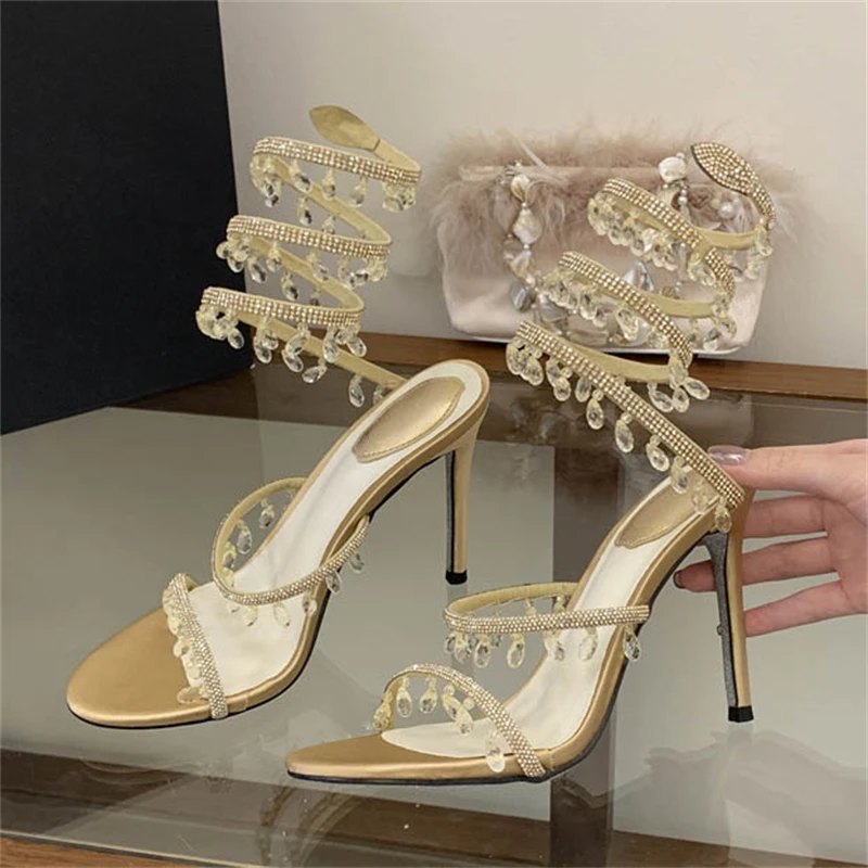 Eilyken, nuevo diseño, sandalias de tacón alto fino con diamantes de cristal para mujer, zapatos de estilo callejero con correa en el tobillo para banquete y baile de graduación