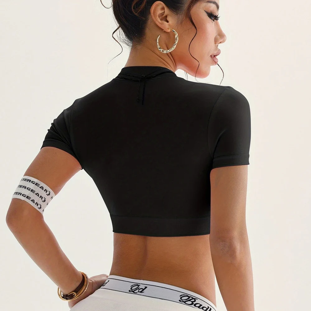 Top corto de Yoga de manga corta con cremallera para mujer, camisetas sin costuras para gimnasio, camisas elásticas, ropa de entrenamiento de verano, ropa deportiva para Fitness