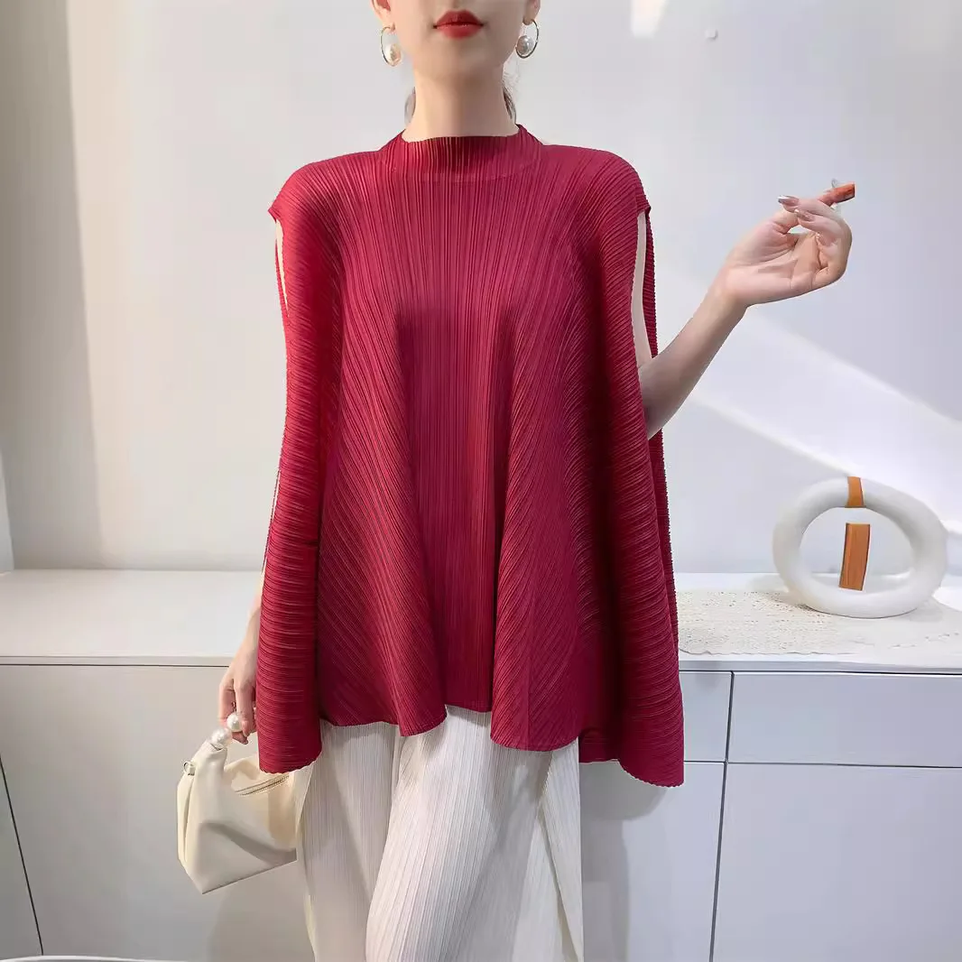 Miyake-Camiseta plisada de talla grande para mujer, Tops con diseño de nicho, camiseta holgada de manga corta plisada de gama alta para verano 2025