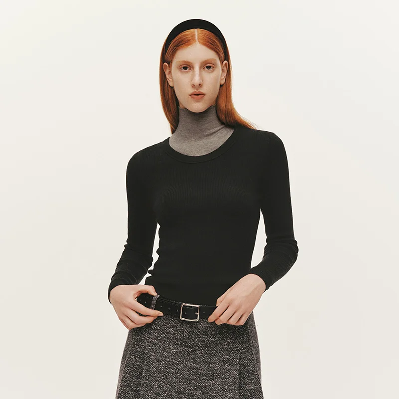 Semir-suéter de punto para mujer, Top ajustado liso con cuello de huevo de ganso, suéter de lana versátil, ropa para mujer 2025