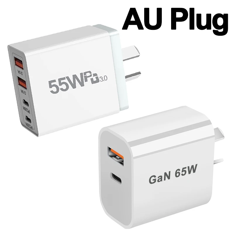 Cargador USB rápido con enchufe AU de 55w y 65w, cargador tipo C para Xiaomi, Redmi, iPhone, Samsung, adaptador de carga rápida para teléfono inteligente, carga de pared PD