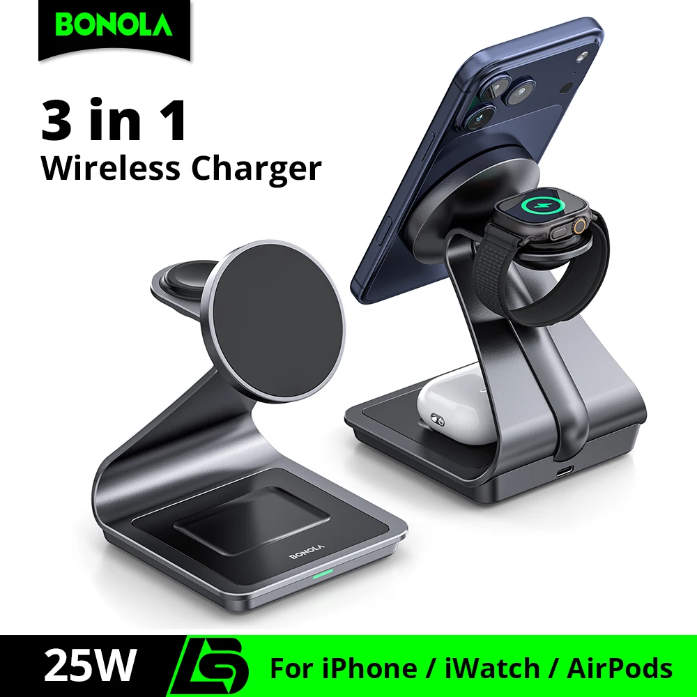 Estación de Carga Inalámbrica Magnética 3 en 1 Bonola para iPhone 17/17 Pro Max/16/15, Carga Inalámbrica de 15W para Apple Watch y AirPods Pro