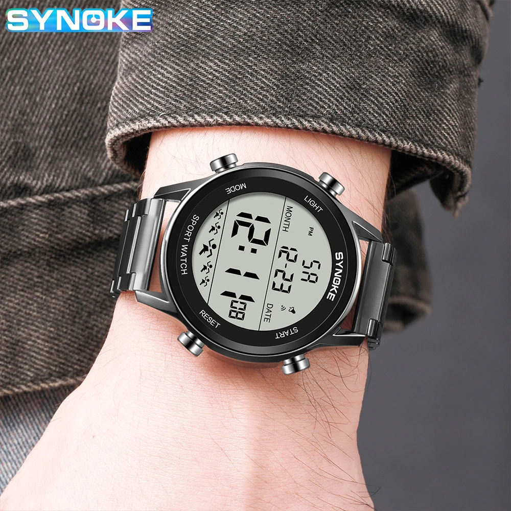 SYNOKE-reloj deportivo de lujo para hombre, cronógrafo Digital con correa de acero inoxidable, resistente al agua, con luz trasera y alarma