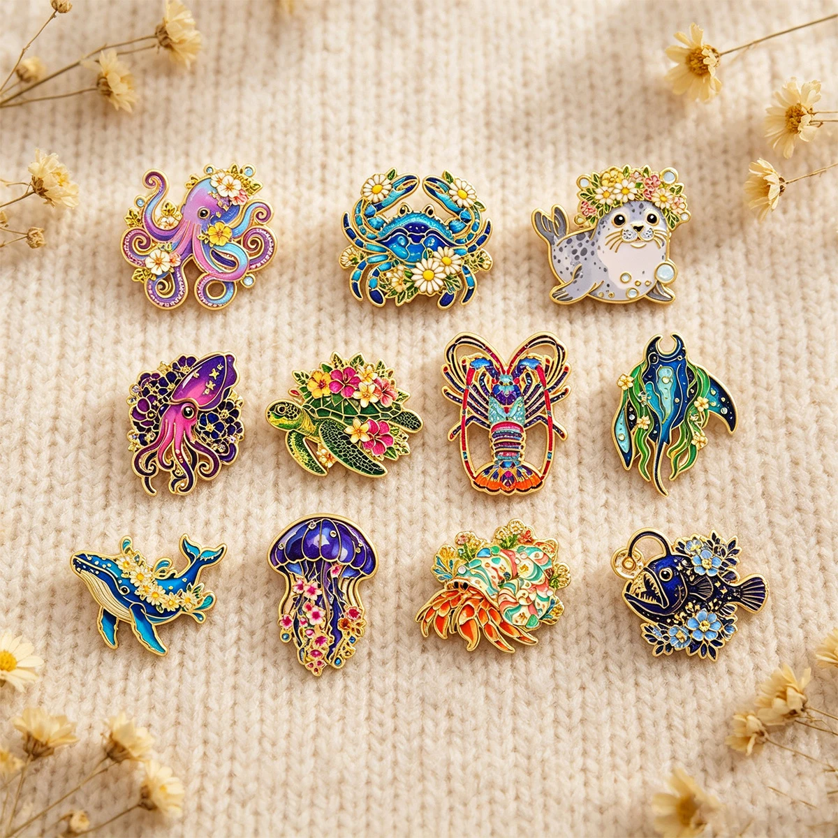 Juego de 11 broches de esmalte con diseño floral y de animales marinos, bonitos broches de ballena, pulpo y tortuga, insignias para mochila y solapa, accesorios de joyería, regalos