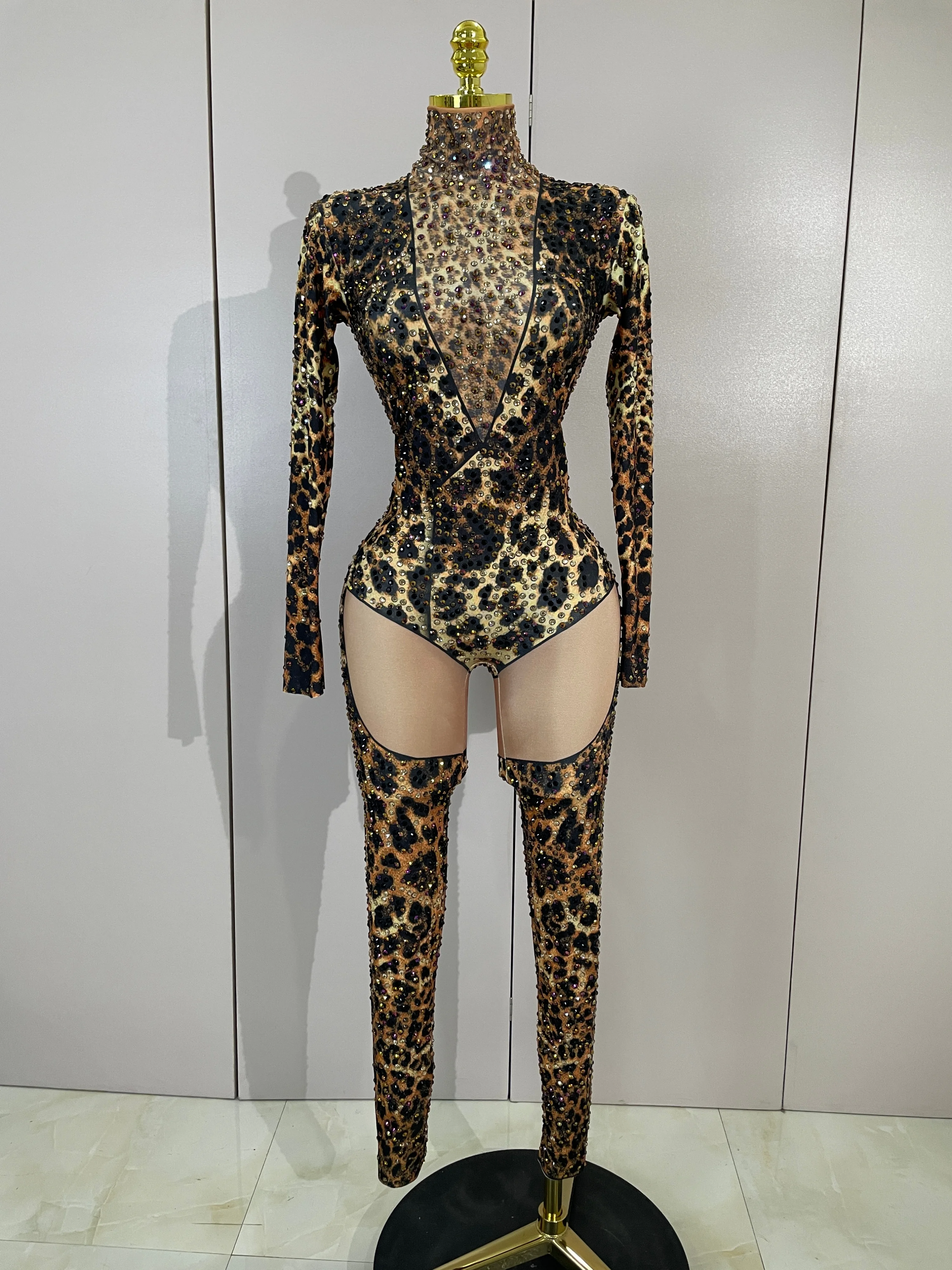 Mono elástico ajustado con estampado de leopardo y diamantes brillantes para mujer, traje sexy para fiesta nocturna, discoteca, cantante, bailarina, actuación en el escenario