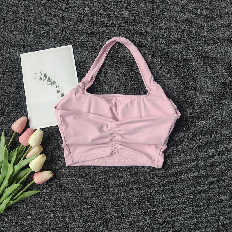 Chaleco deportivo con cuello Halter, almohadillas para el pecho, reunión a prueba de golpes, Top de Yoga para Fitness de secado rápido, parte de atrás bonita, ropa interior para mujer
