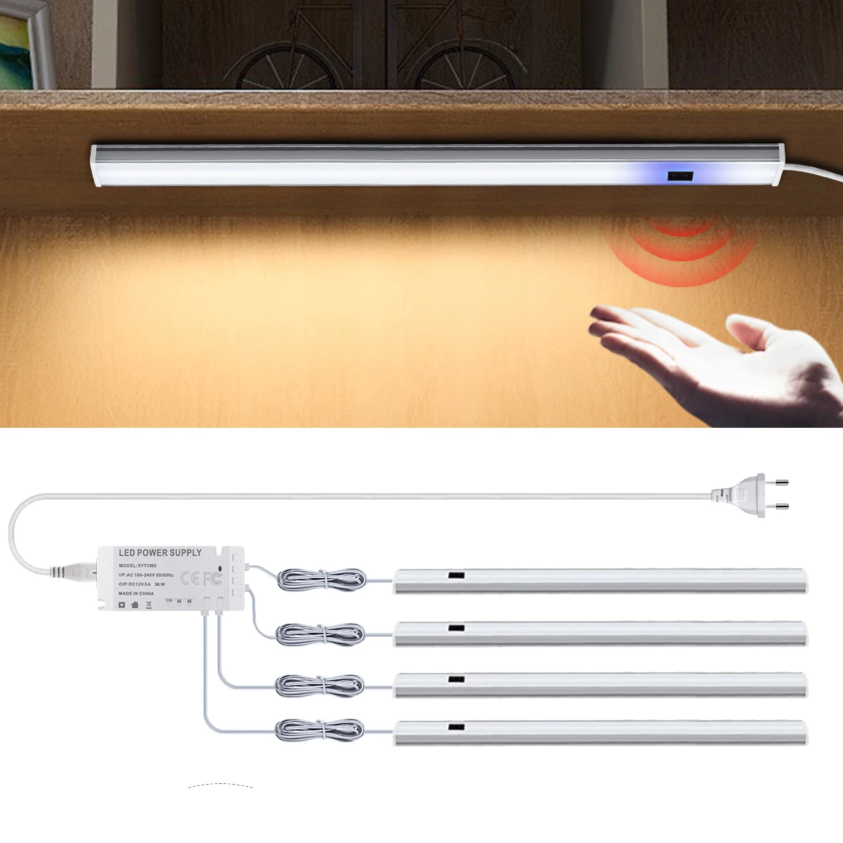Lámpara LED con Sensor de Movimiento para Armario, Cocina, Barra de Luz LED con Sensor de Presencia, Enchufe Europeo 220V, 1 Juego