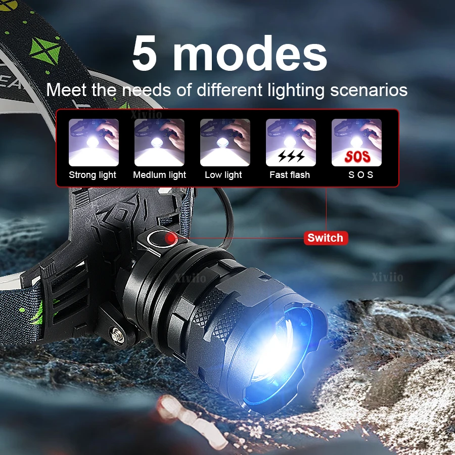 Linterna frontal LED ultrapotente de 860000000LM, linterna frontal superbrillante de largo alcance de 4500M, linterna frontal recargable para pesca y caza