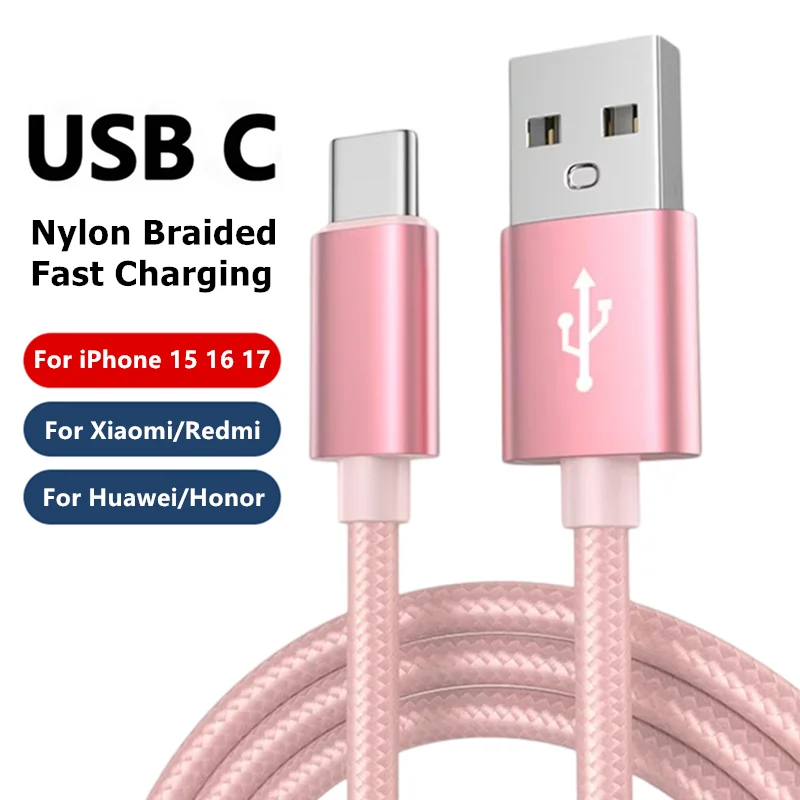 Cable USB Tipo C Trenzado para iPhone 15 16 17 Pro Max, Cable de Carga Rápida y Transferencia de Datos para Samsung Xiaomi Redmi POCO Huawei Honor OnePlus