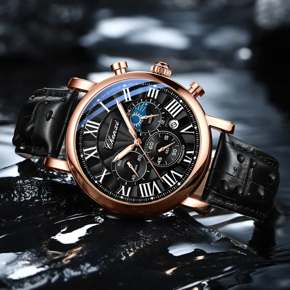 CHENXI 973 Reloj de cuarzo para hombre, moda de negocios, fase lunar, fecha, cronógrafo multifuncional, reloj de pulsera con correa de cuero