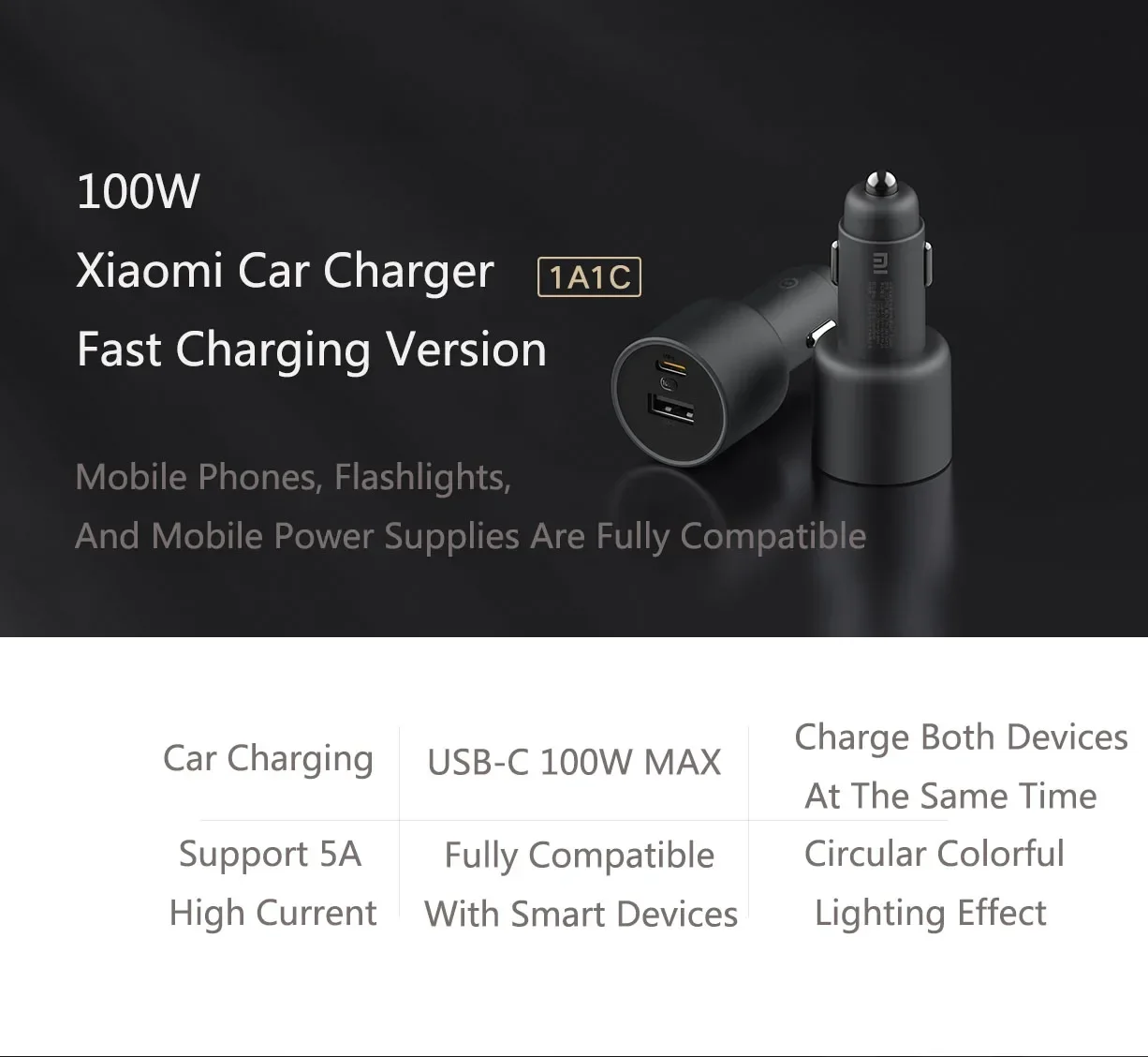 Cargador de coche Original Xiaomi de 100W, puerto Dual, carga rápida, inalámbrico, Mi, 100W, USB-A, USB-C, salida Dual, alimentación LED