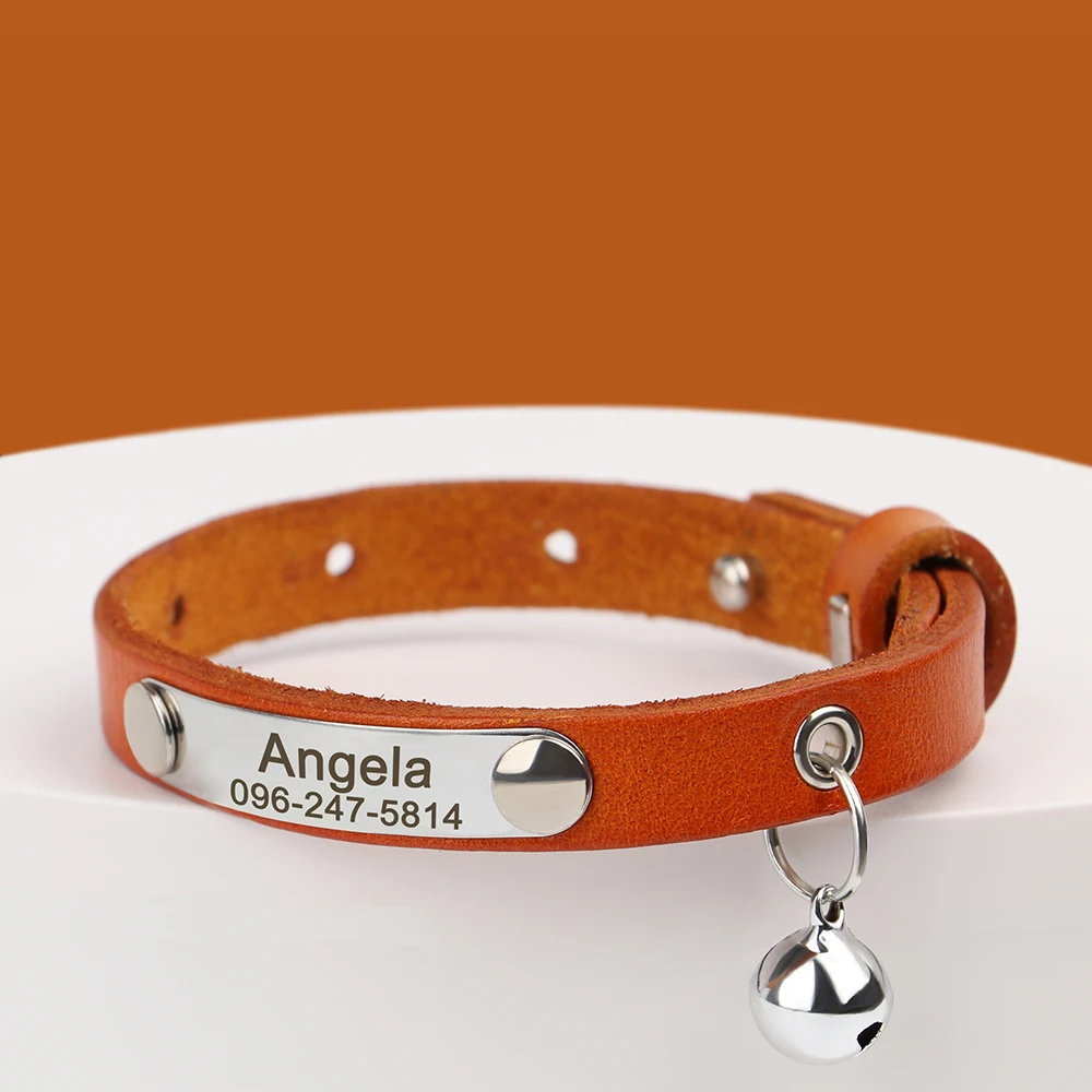 Collar de gato personalizado, collares de cuero ajustables para gatos, collares personalizados con nombre de cachorro y gatito, accesorios antipérdida para gatos
