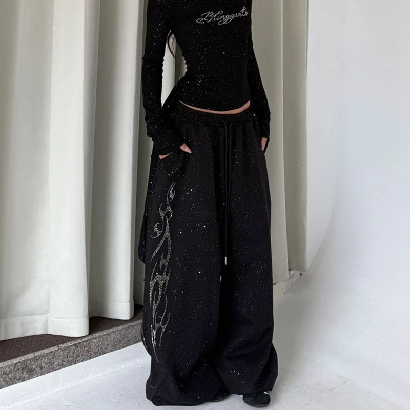 Pantalones de chándal Y2K con diamantes negros para mujer, ropa de calle Harajuku, pantalones holgados para correr, pantalones de pierna ancha a la moda, pantalones informales de gran tamaño de Hip Hop