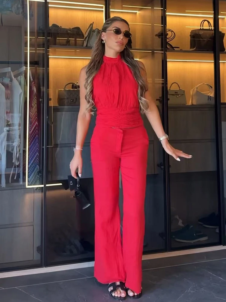 Conjunto de Top Rojo con Volantes para Mujer TFMLN, Top Halter sin Espalda y sin Mangas, Pantalones Rectos de Cintura Alta, Atuendo Chic, Sexy y a la Moda