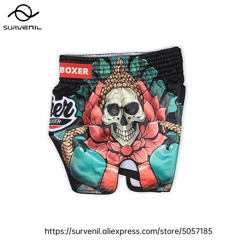 Pantalones cortos Muay Thai para hombres y mujeres, pantalones cortos de entrenamiento de lucha MMA transpirables, equipo deportivo de combate de secado rápido, pantalones cortos de boxeo sublimados con calavera