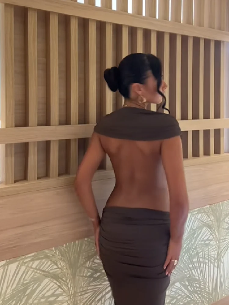 Vestido Maxi Bodycon Chic sin Espalda con Escote en V Profundo y Aberturas en la Cintura para Mujer 2026, sin Mangas, Fruncido, para Fiesta, Club o Noche