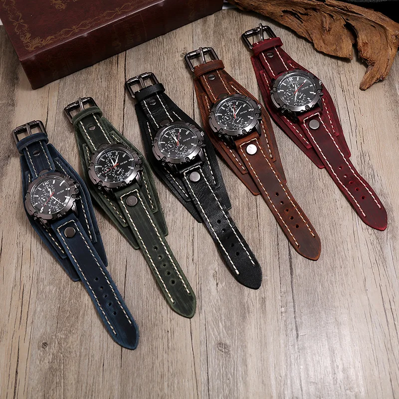 Relojes de cuarzo para hombre, reloj de pulsera de lujo 2024, correa de reloj de piel de vaca, reloj de estilo Punk para hombres, pulseras anchas de cuero genuino