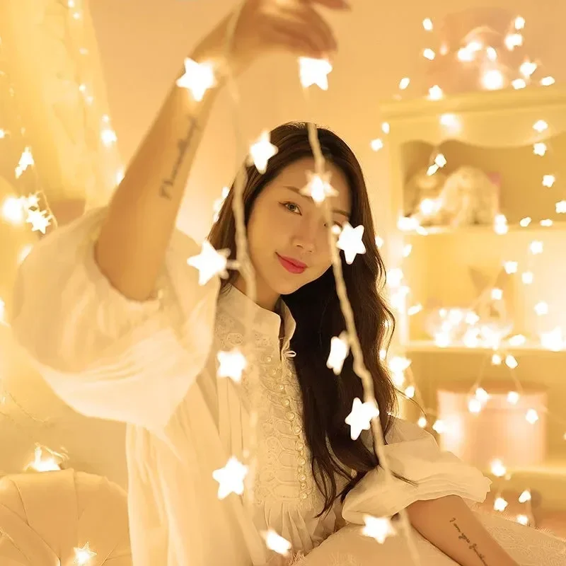 Guirnalda de luces LED con forma de estrella, funciona con pilas, para fiesta de Navidad, boda, hogar, decoración de Patio al aire libre, lámparas centelleantes