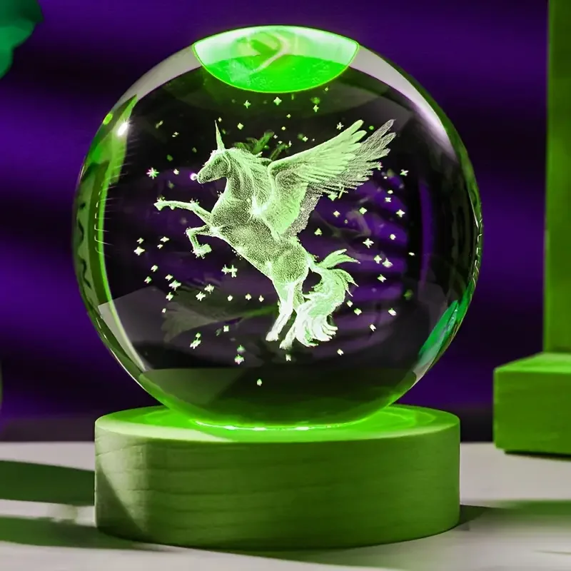 1 bola de cristal tallada con láser 3D de unicornio con portalámparas LED de color madera, decoración del hogar, novia, colega, nacimiento de esposa