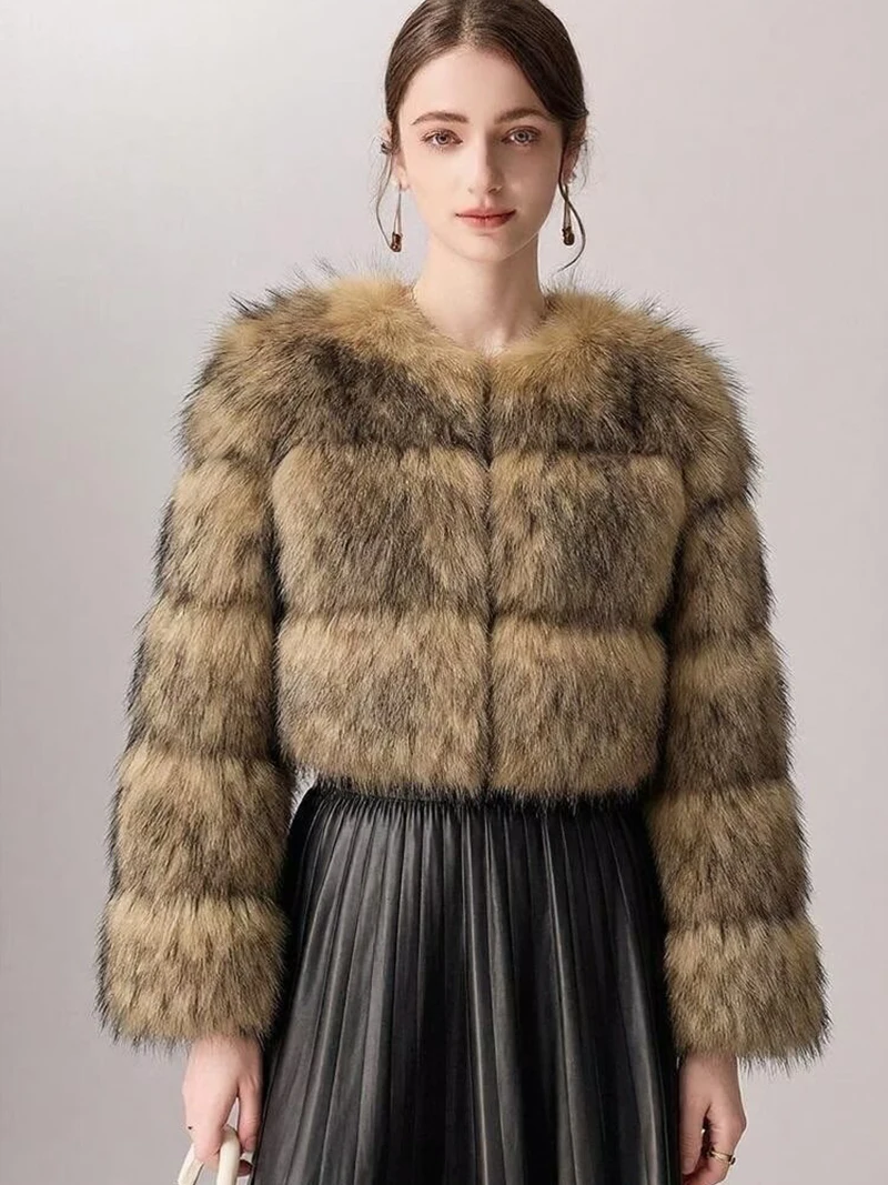 ZADORIN Abrigo Corto de Piel Sintética de Mapache de Alta Calidad para Mujer, Moda de Invierno, Cuello Redondo, Manga Larga, Chaqueta Corta de Piel Sintética, Top Corto
