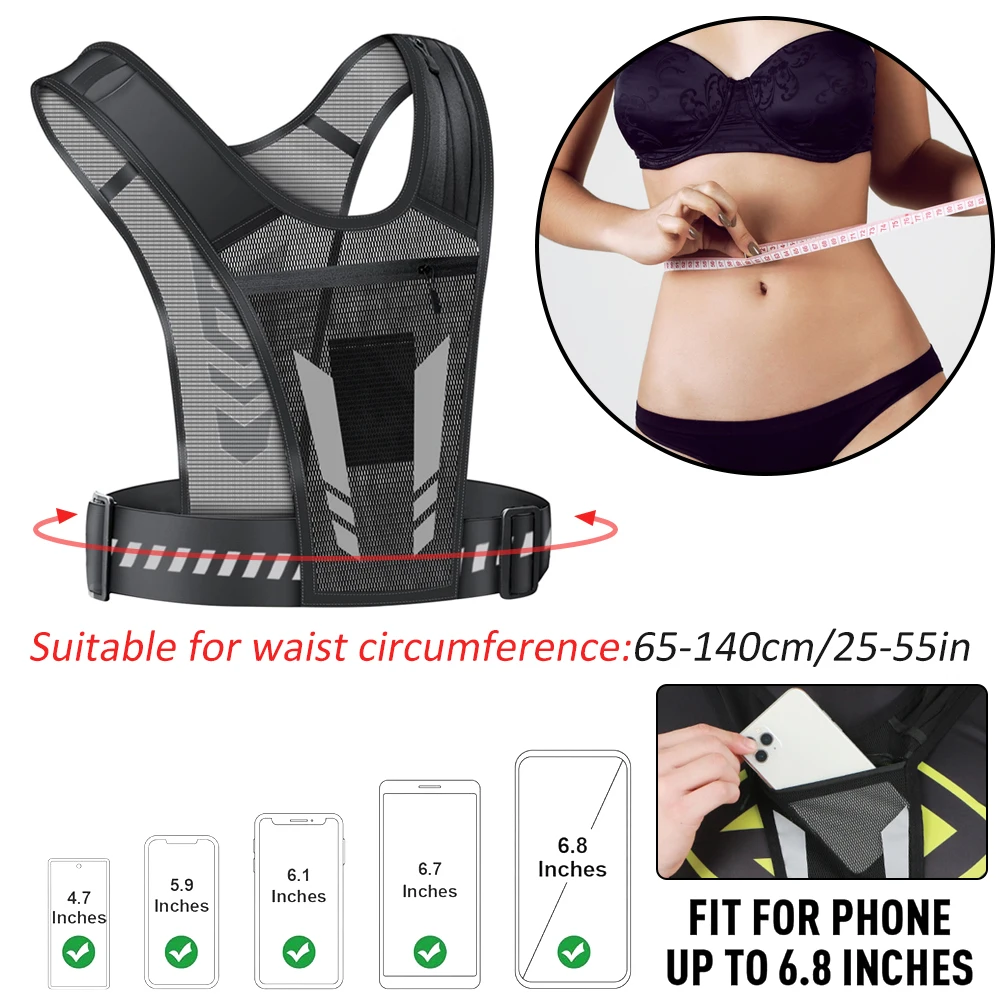 Chaleco reflectante para correr con soporte para teléfono y bolsillo para llaves |   Correa ajustable para hombres y mujeres, trotar nocturno, caminar, gimnasio, equipo de ejercicio