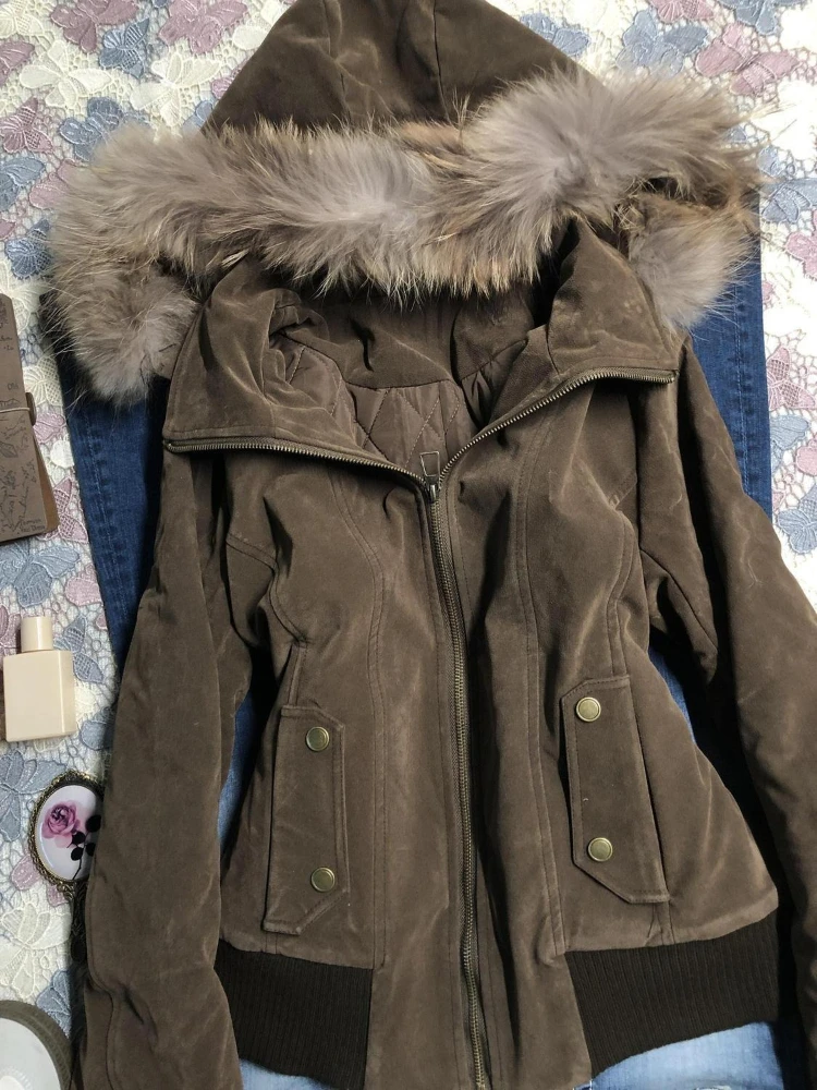 Chaqueta con capucha Harajuku de moda Vintage americana para mujer, abrigo corto ajustado con cuello de piel marrón, ropa de calle informal, prendas de vestir exteriores elegantes