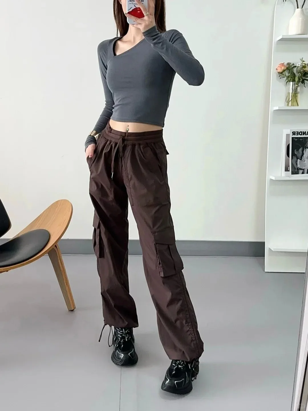 LULU FLORA Nuevos pantalones de trabajo, textura vertical, pantalones casuales de yoga de cintura media de pierna ancha de corte recto para mujer, secado rápido, cordón