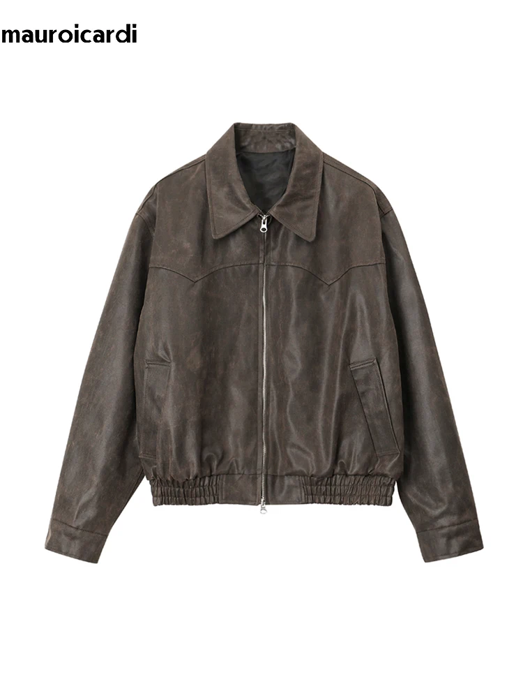 Mauroicardi-chaqueta de cuero Pu marrón desgastado para hombre, chaqueta ligera con cremallera, ropa informal de moda coreana, primavera y otoño